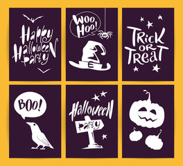 Vector collection of flat Halloween cards with traditional decoration elements