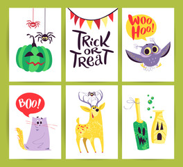 Vector collection of flat Halloween cards with traditional decoration elements