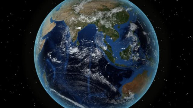 Somalia. 3D Earth in space - zoom in on Somalia outlined. Star sky background