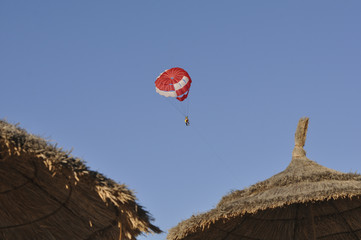 Fototapeta na wymiar Люди летят на парашюте над морем на закате 
