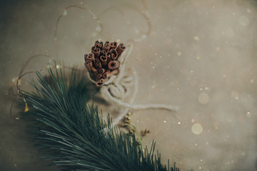 Top view cinnamon on beige recycle paper background. Toned image.