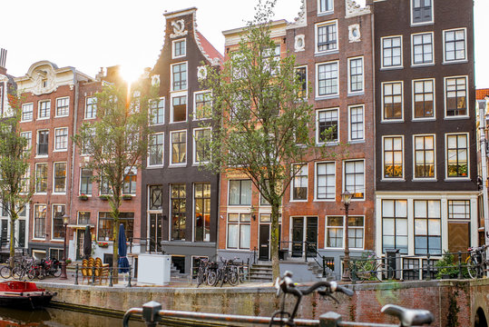 Morning view on the beautiful buildings on the red light district in Amsterdam