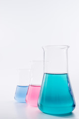 science and clinic background. Chemical and Medical laboratory research.  laboratory beakers with colorful liquids and reagents.  