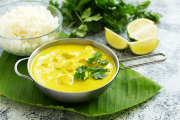 Yellow curry with chicken and rice. Asian cuisine.