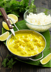 Yellow curry with chicken and rice. Asian cuisine.