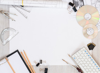 Architectural plans, pencil and ruler on the table. Place for your text