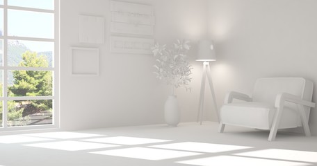 Inspiration of white room with armchair. Scandinavian interior design. 3D illustration