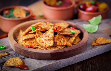 Nachos With Guacamole And Chili Sauce