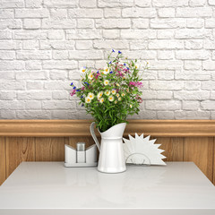 уютный стол в кафе, на столе - ваза с цветами, на фоне деревянных панелей и кирпичной стены. 3d иллюстрации