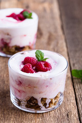 Raspberry trifle, eton mess style granola dessert