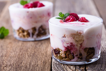 Raspberry trifle, eton mess style granola dessert