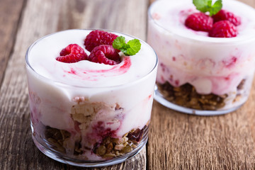Raspberry trifle, eton mess style granola dessert