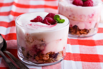 Raspberry trifle, eton mess style granola dessert