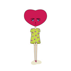 A fictional character with a head in the shape of a heart, standing in a green dress. Vector illustration. Isolated white background.