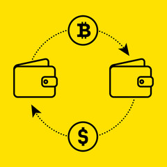 Icon dollar to bitcoin exchange of currency. Flat design. Vector illustration isolated a yellow background for website or app and etc.