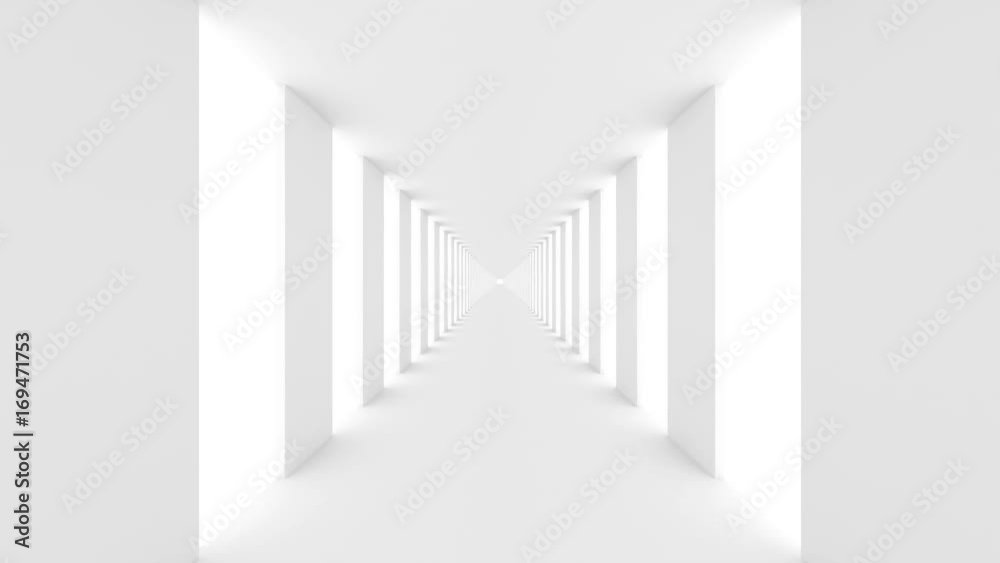 Wall mural futuristic empty white corridor with rectangular walls and bright light. smooth camera motion forwar