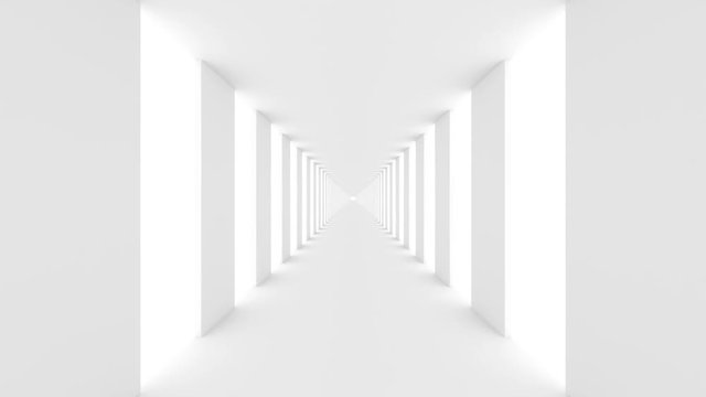 Futuristic empty white corridor with rectangular walls and bright light. Smooth camera motion forward, seamless looping animation. 3D Rendering.