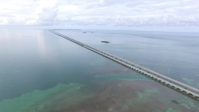 Aerial video of Seven Mile Bridge with Money Key in the distance.