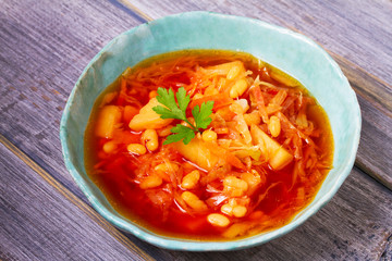 Borsht, bortsch, borshch, borscht. Soup made with vegetables, bean and beet