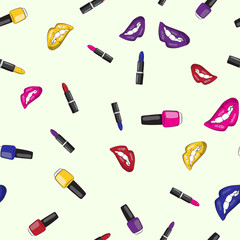 Vector image lips, lipsticks, and nail polish, on a colored background