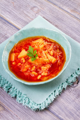 Borsht, bortsch, borshch, borscht. Soup made with vegetables, bean and beet