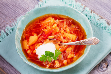 Borsht, bortsch, borshch, borscht. Soup made with vegetables, bean and beet