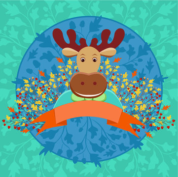 Cute horned elk with banner and autumn floral decoration in cart