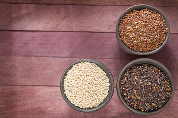 Seeds of white, red and black quinoa - Chenopodium quinoa