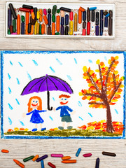 Photo of  colorful drawing: Autumn rain, Smiling couple holding umbrella
