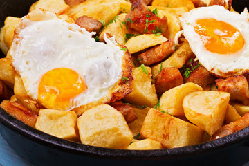 Pan-fried potato, eggs and meat