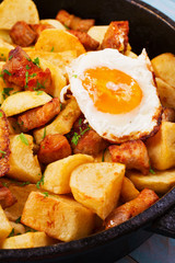 Pan-fried potato, eggs and meat