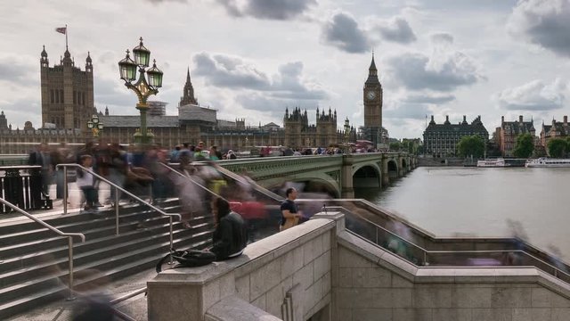 Timelapse of tourists in front of Big Ben and Westminster Bridge