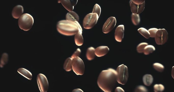 Roasted coffee beans in seamless 360 degree spinning bullet time.