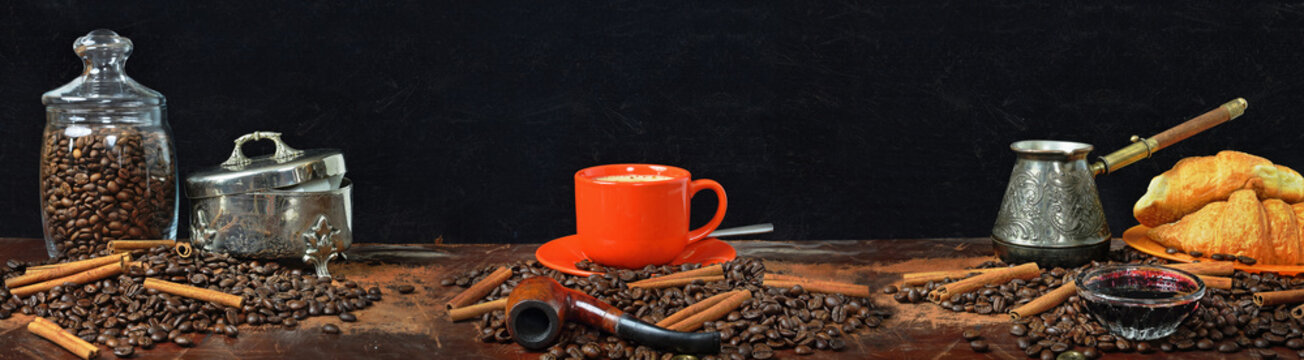 Fototapeta Large-format panorama of a still life on a coffee subject