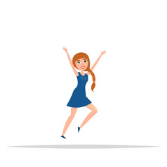 Happy girl jumping. White background. The concept of friendship, healthy lifestyle, success. Vector illustration in a flat and cartoon style