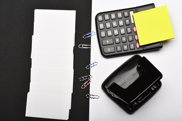 Stationery opposite blank business cards, top view