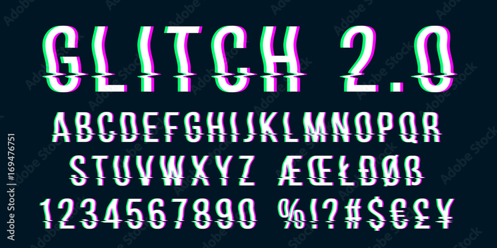 Wall mural glitch distorted font letter set with broken pixel effect