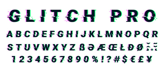 Fototapeta Glitch distorted font letter set with broken pixel effect obraz