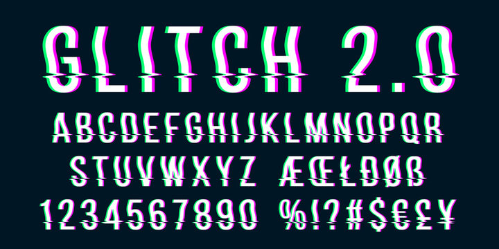 Glitch distorted font letter set with broken pixel effect
