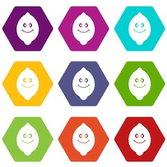 Smiling lemon fruit icon set color hexahedron