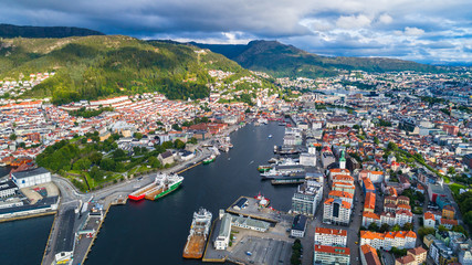 Bergen old town aerial view. Bergen, Norway.