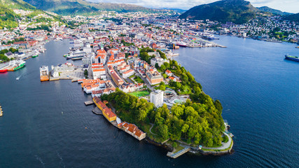 Bergen old town aerial view. Bergen, Norway. - obrazy, fototapety, plakaty