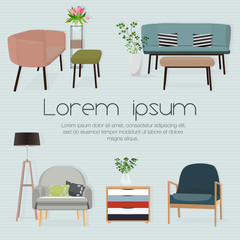 Interior. Sofa sets and home accessories. Furniture design. Sofas with pillows,flowerpot