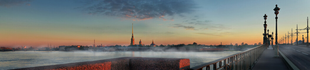 Panorama of the Peter and Paul Fortress at sunrise in St. Petersburg