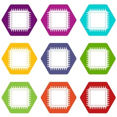 Computer microchip icon set color hexahedron