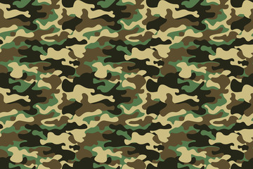 Camouflage seamless pattern background. Horizontal seamless banner. Classic clothing style masking camo repeat print. Green brown black olive colors forest texture. Design element. Vector illustration