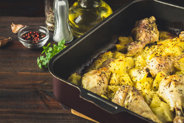 Roasted chicken leg with potatoes with caraway and garlic.