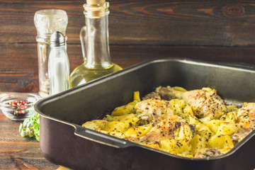 Roasted chicken leg with potatoes with caraway and garlic.