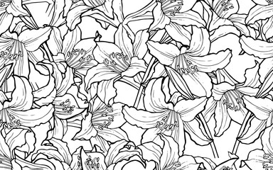Seamless background with flowers Lilies. Floral design for fabric, greeting cards, Wallpaper, wrapping paper, clothing, wedding invitation, flower shops. Vector illustration.