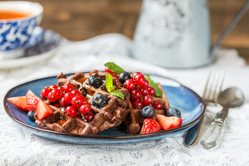 Chocolate Belgium Waffles with Berries